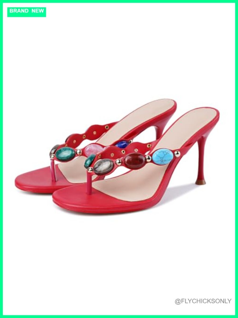 Jeweled Beaded Thong Heeled Sandals Stiletto Flip Flop Faux Leather